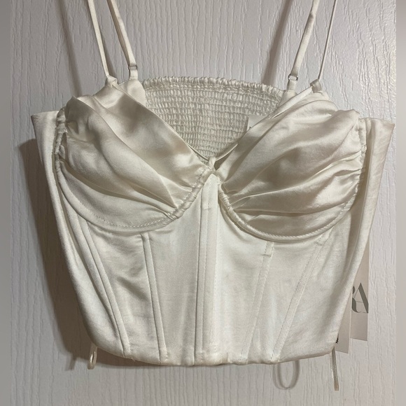 NWT Zara Corset Cropped Faux Satin White Fancy Summer Party Tank Top Size Small - Picture 8 of 14